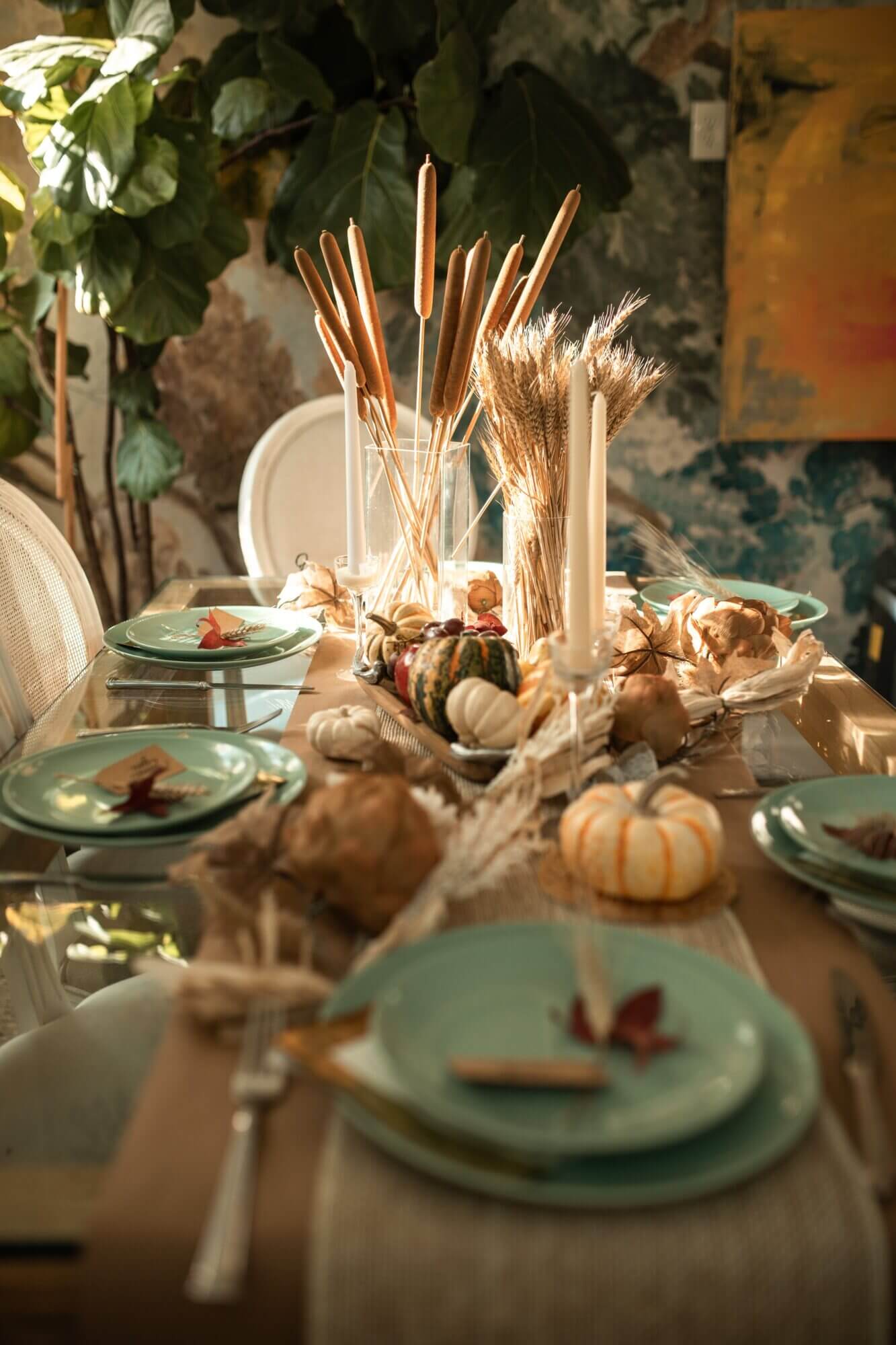 A table is set for a thanksgiving dinner.